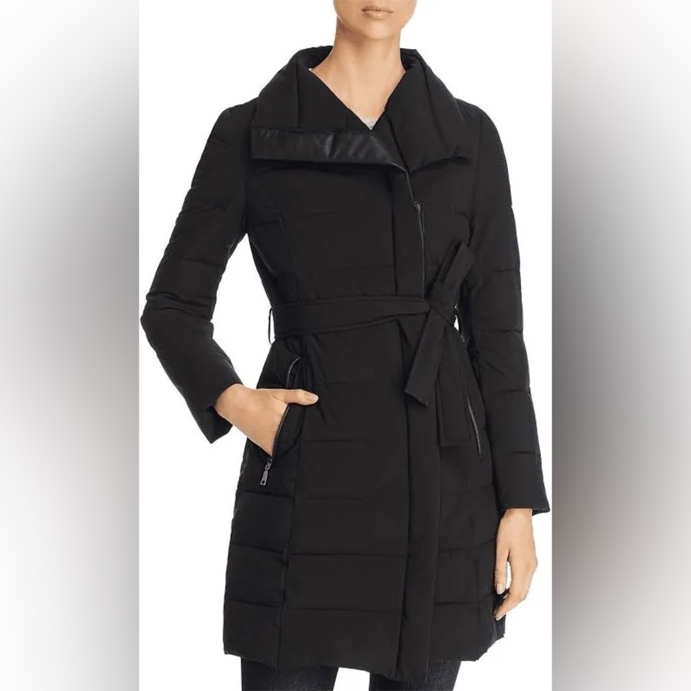 TAHARI Asymmetrical Belted Stand Collar Puffer Coat In Black